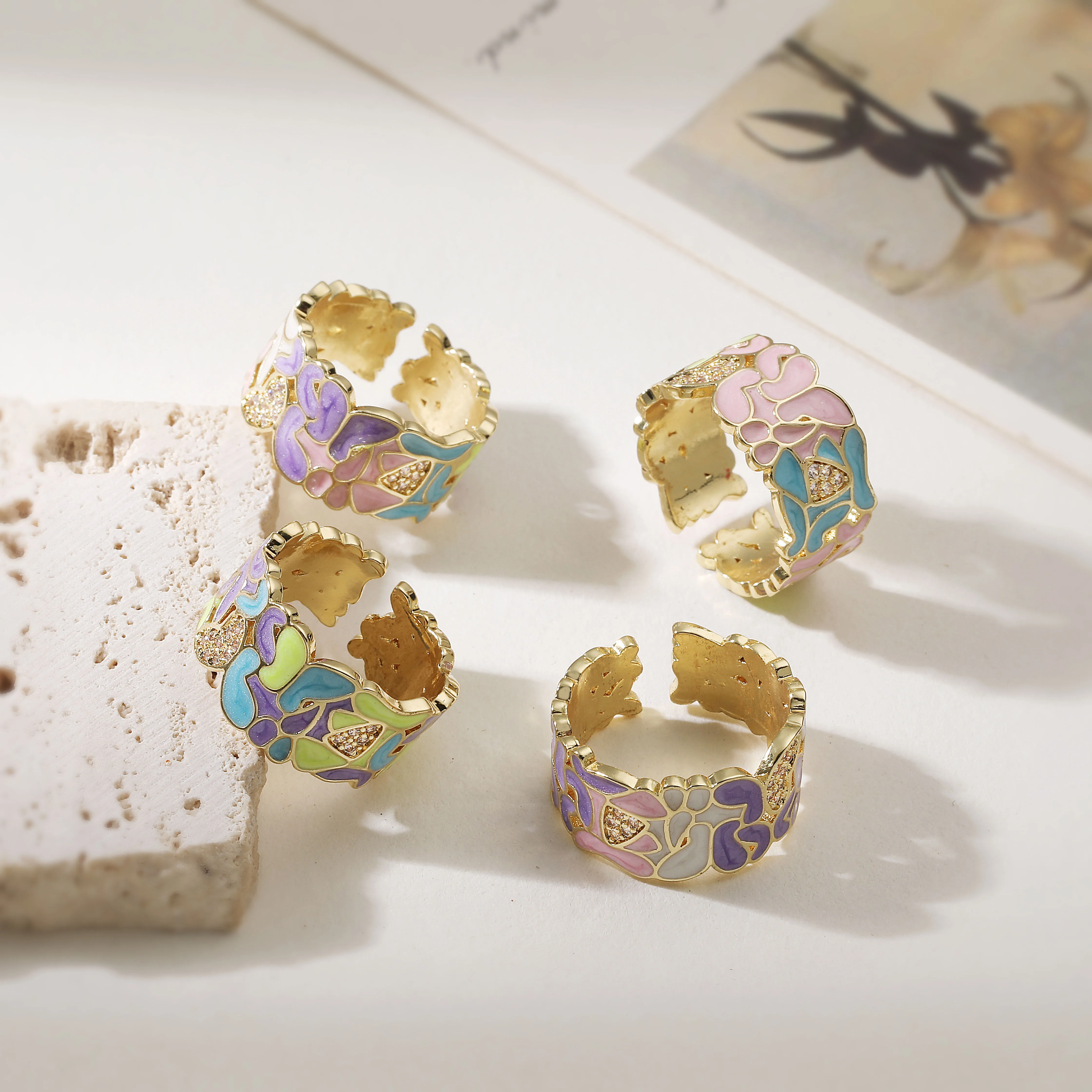 18K Gold Plated Mosaic Enamel CZ Open Ring, Colorful Pastel Stained Ring, Adjustable Art Deco Wide Band for Women