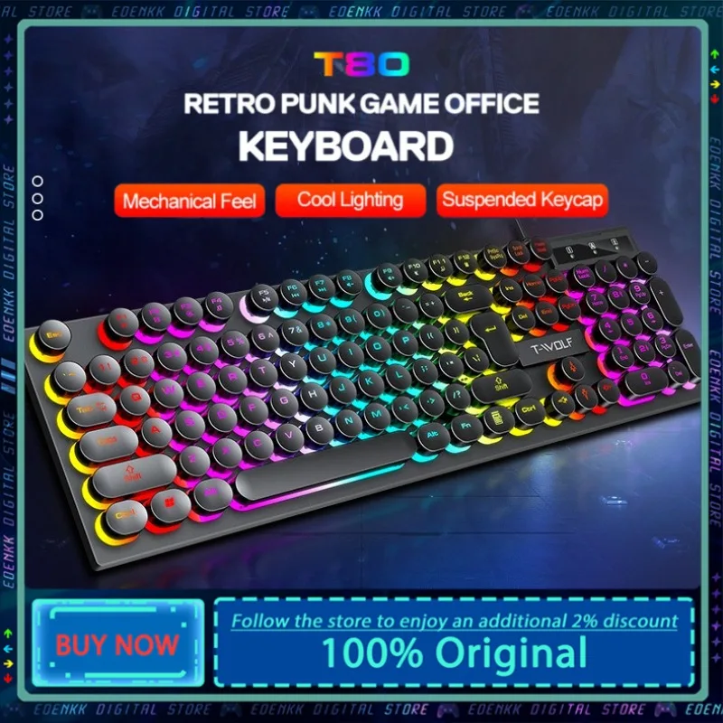 

EOENKK T80 Проводная игровая клавиатура с подсветкой — черный, белый, розовый, в стиле ретро-панк, совместимая с ноутбуками, для офиса и игр