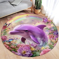 Round Kids Carpet With Underwater World Cartoon Ocean Dolphin Pattern NonSlip Mat For Kids’ Room Rug Home Decor Floor Mat