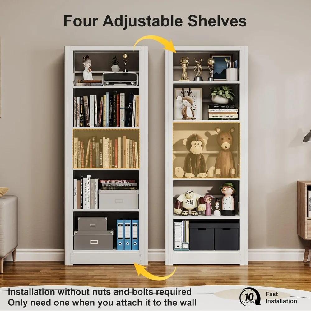 رف كتب طويل من المعدن الأبيض مكون من 5 طبقات لتخزين المكاتب - منظم قائم بذاته مع مساحة واسعة للرفوف