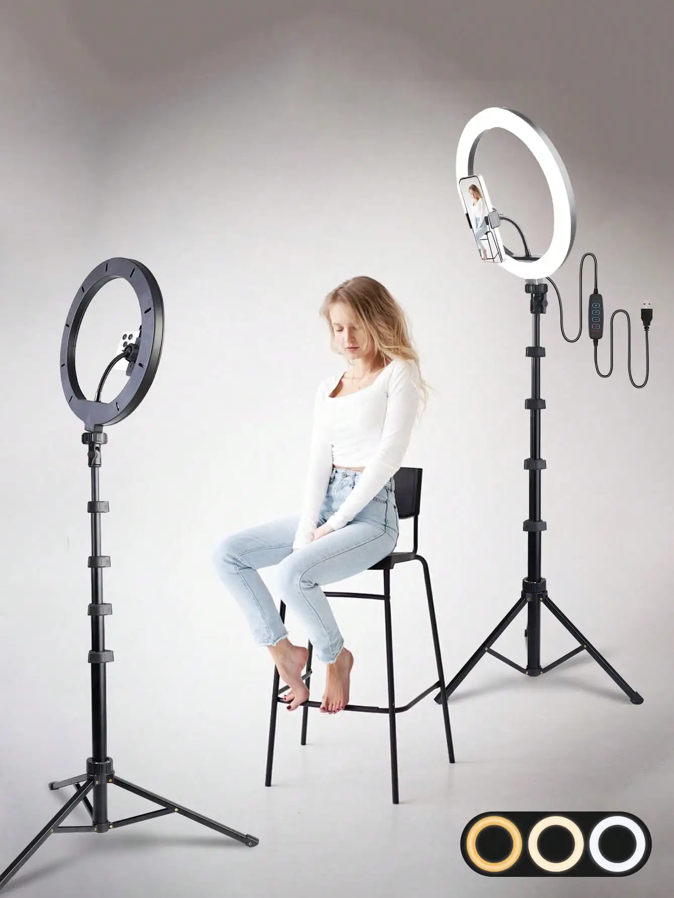 

12 Inch Dimmable LED Ring Light Kit with 63 Inch/160CM Telescopic Tripod Flexible Phone Holder 3 Colors 10 Brightness Levels 180° Rotation Remote Control USB Powered Handheld Floor Stand for Live Stream Vlog Selfie Zoom Interview Photography