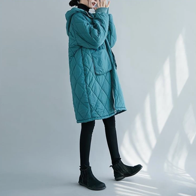 

Женское зимнее свободное хлопковое пальто с ромбовидной сеткой и большими карманами, капюшон на молнии, средней длины, утепленная хлопковая куртка больших размеров