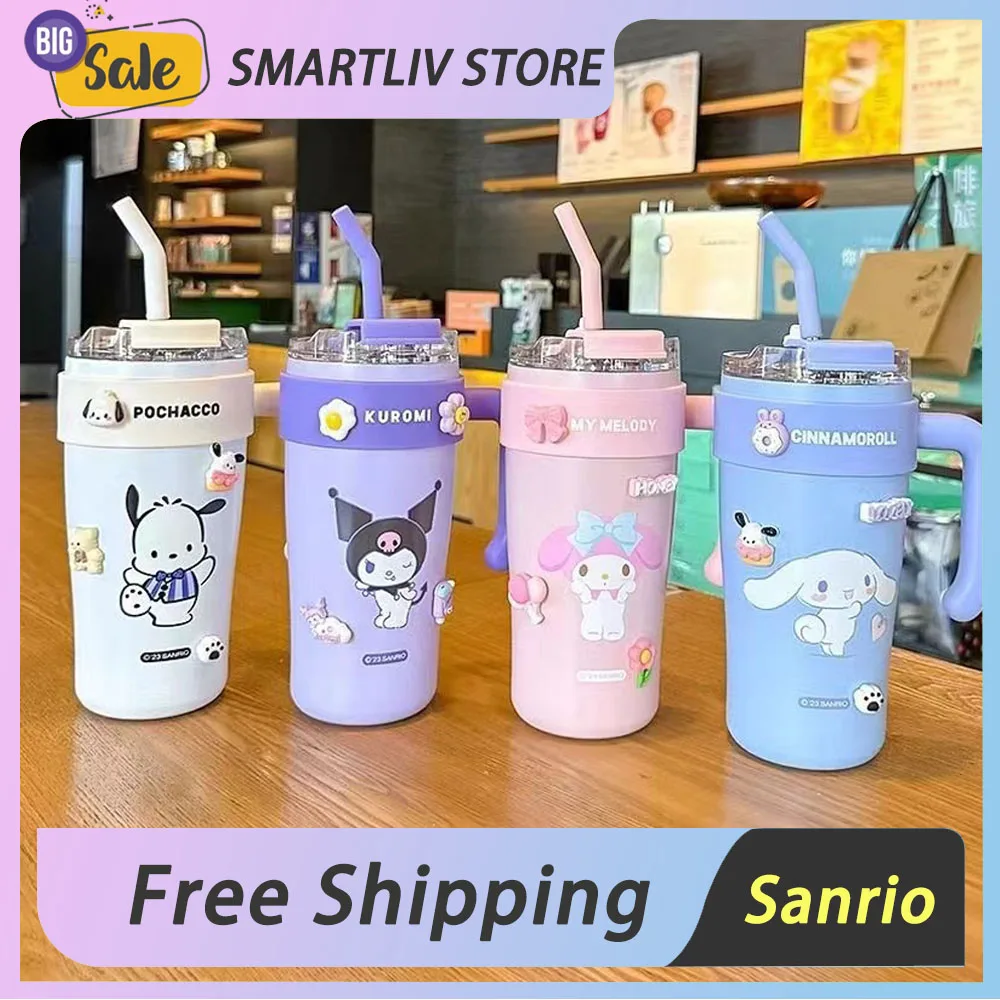 

860ml Sanrio Hello Kitty Thermos Bottle Cold Ice Kuromi Cinnamoroll High-capacity Straw Stainless Steel Water Bottle Tumbler Cup