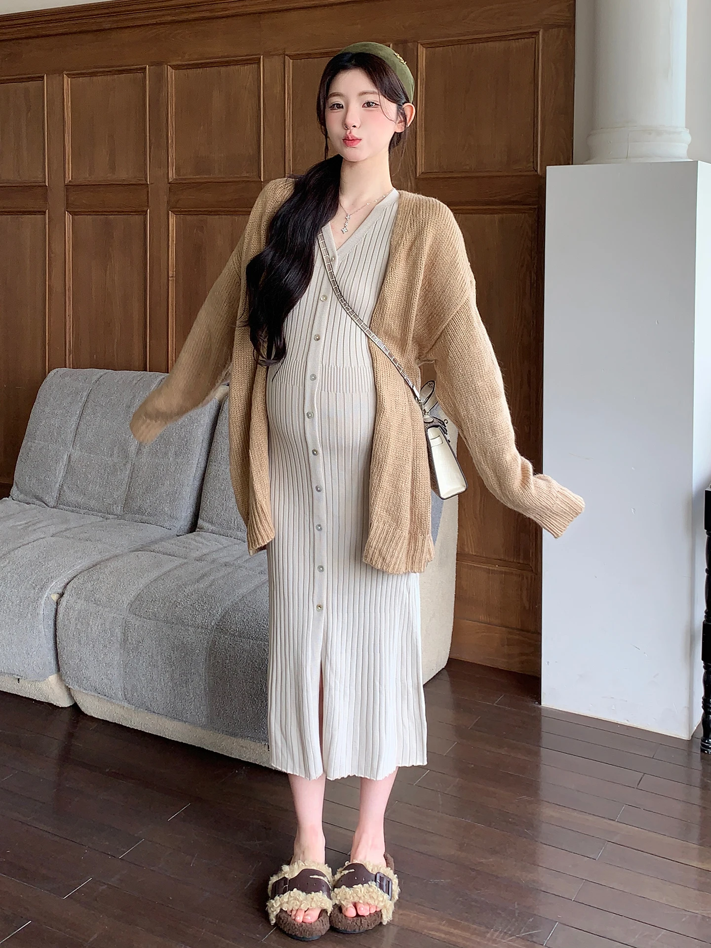 maternity-dress-gentle-style-long-skirt-high-elasticity-knitted-cotton-t-shirt-dress-a-line-skirt-v-neck-full-season-use