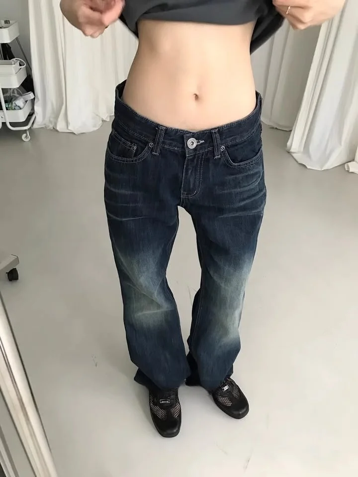 Low Waist Vintage Washed Denim Jeans Casual Straight Leg Deep Color Slimming Versatile Loose Fit Bootcut Women's Jeans