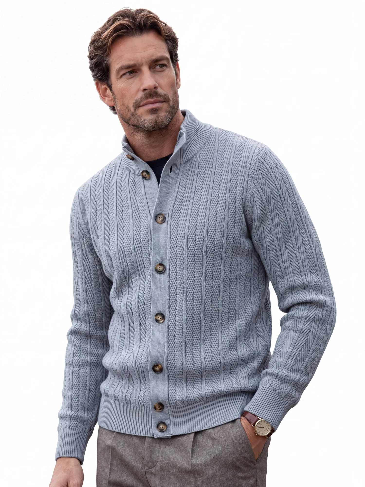 AIOPESON Herren Baumwoll-Design Strickpullover mit Knöpfen, Stehkragen, gerippten Bündchen, Cardigan, Smart Casual, Büro, Thermo, Herbst Winter – Detail 5