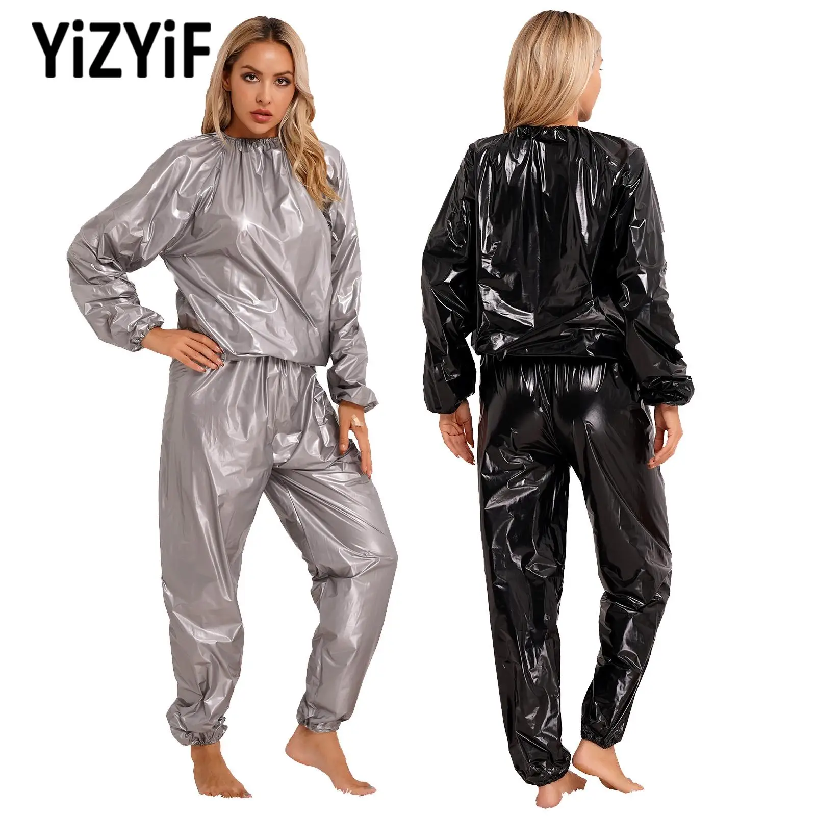 Women Long Sleeve PVC Elastic Cuff Top Pants Set Weight Loss Sweat Suit Slimming Fitness Gym Workout Suit for Men And Women