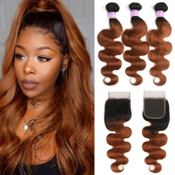 Mèches Body Wave Brésiliennes Remy avec Closure T1B/30, Brun Ombré, 100% Cheveux Naturels, 4x4, 3 Lots