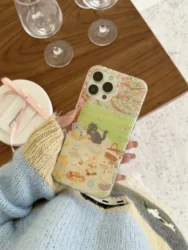 INS Spring Super Cute Cartoon Picnic Cat Case for iPhone 15 14 13 Pro Max 12 Pro Plus Matte Cover