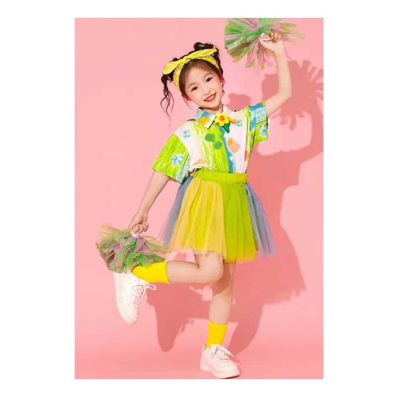 New Kids Cheerleading Tutu Outfit Girls Dance Team Uniform Primary School Stage Wear Sports Event Mesh Skirt Performance Apparel