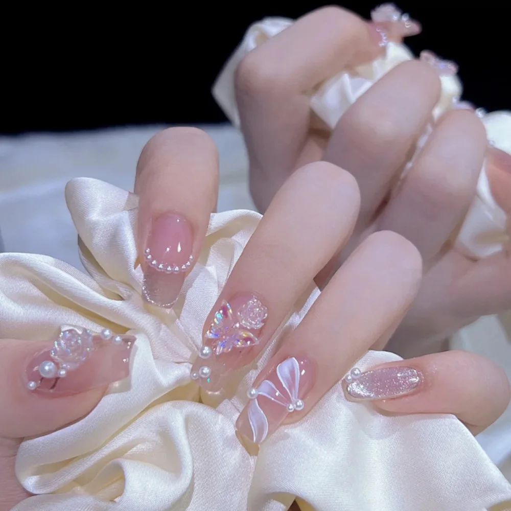 

24 Pcs Acrylic Fake Press on Nails for Girls 3D Butterfly Flower Pearl Decorated False Nails Nail Tips Paste Nails Set Self-nail