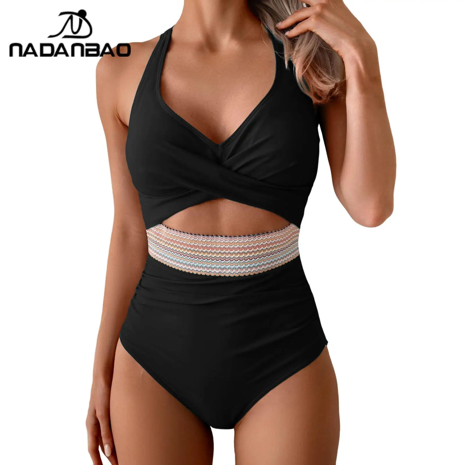 

Летний черный слитный купальник Nadanbao для женщин: облегающий, с вырезами, без спинки, с перекрестными бретелями, сексуальный, повседневный, пляжный