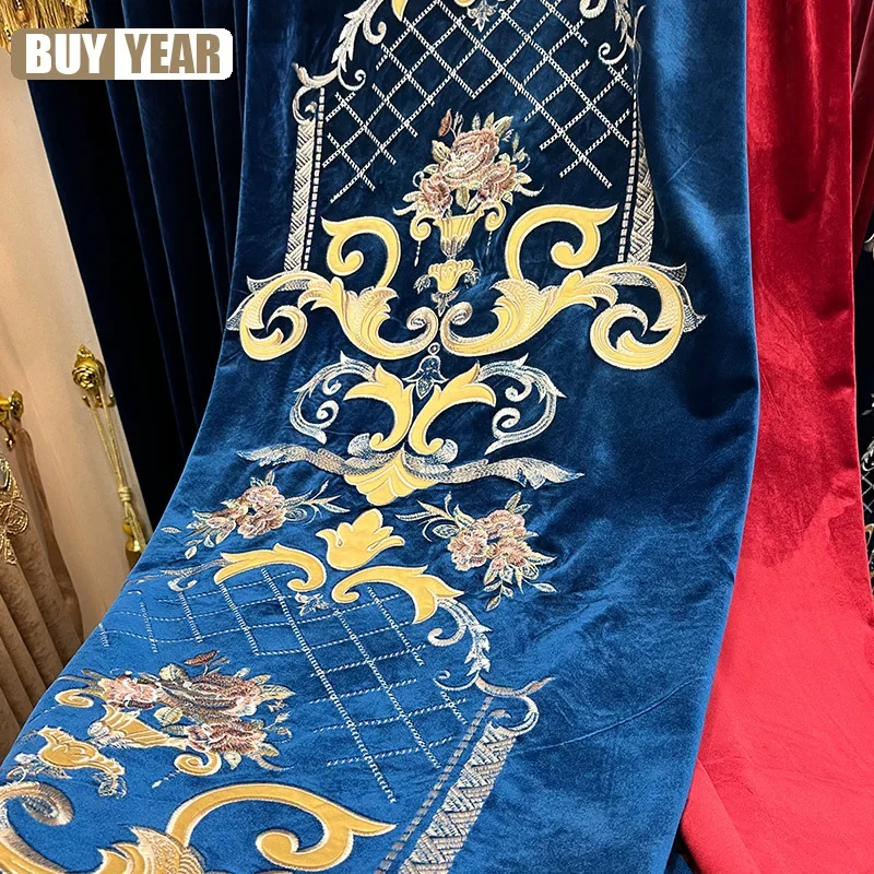 

American-style Retro Villa Luxury European Embroidery Blue Velvet Cloth Blackout Curtains for Living Dining room Bedroom Custom