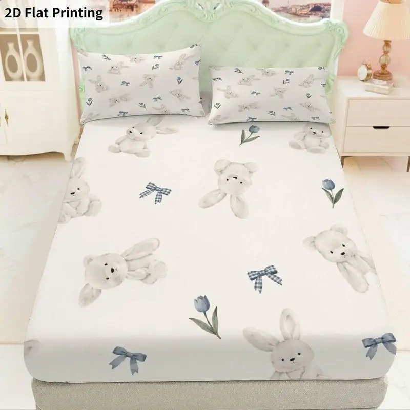 3Pcs Bearprintbluebows Fitted Sheet Three Piece Set (1*Fitted Sheet + 2*Pillowcases, Coreless), Bedding Set