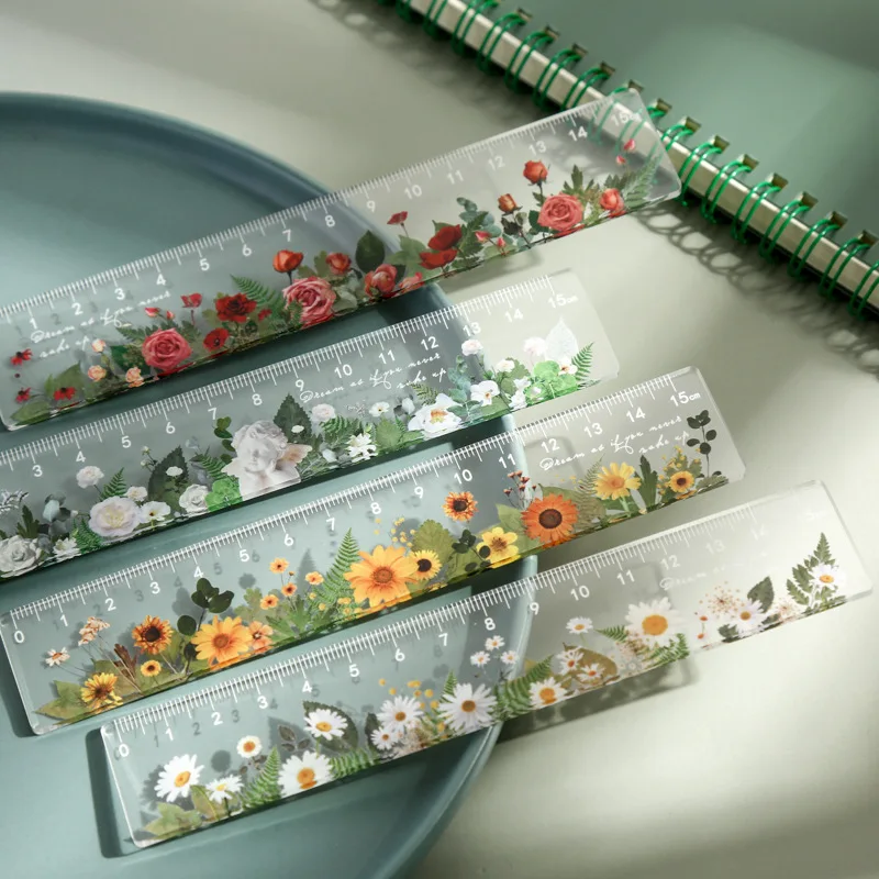 Transparent Acrylic Measuring Ruler Artistic Flower Ruler Hand Drawn Ruler Student Office Stationery Ruler