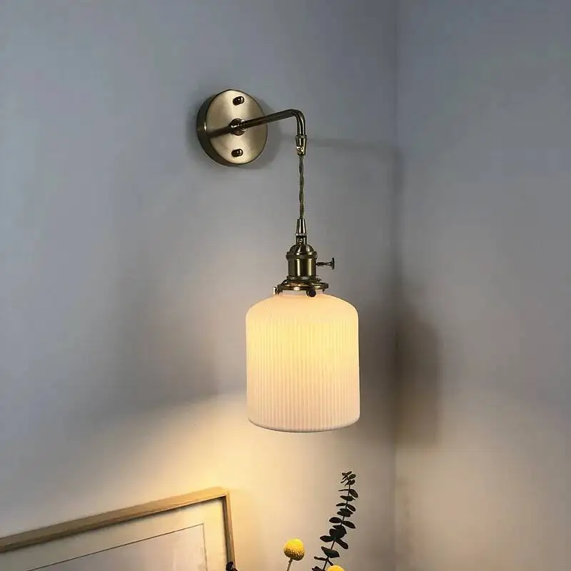 

Japanese Brass Ceramic Wall Lamp - Nordic Minimalist Vintage Bedside Light for Bedroom Hallway, Boho Style Textured Lighting