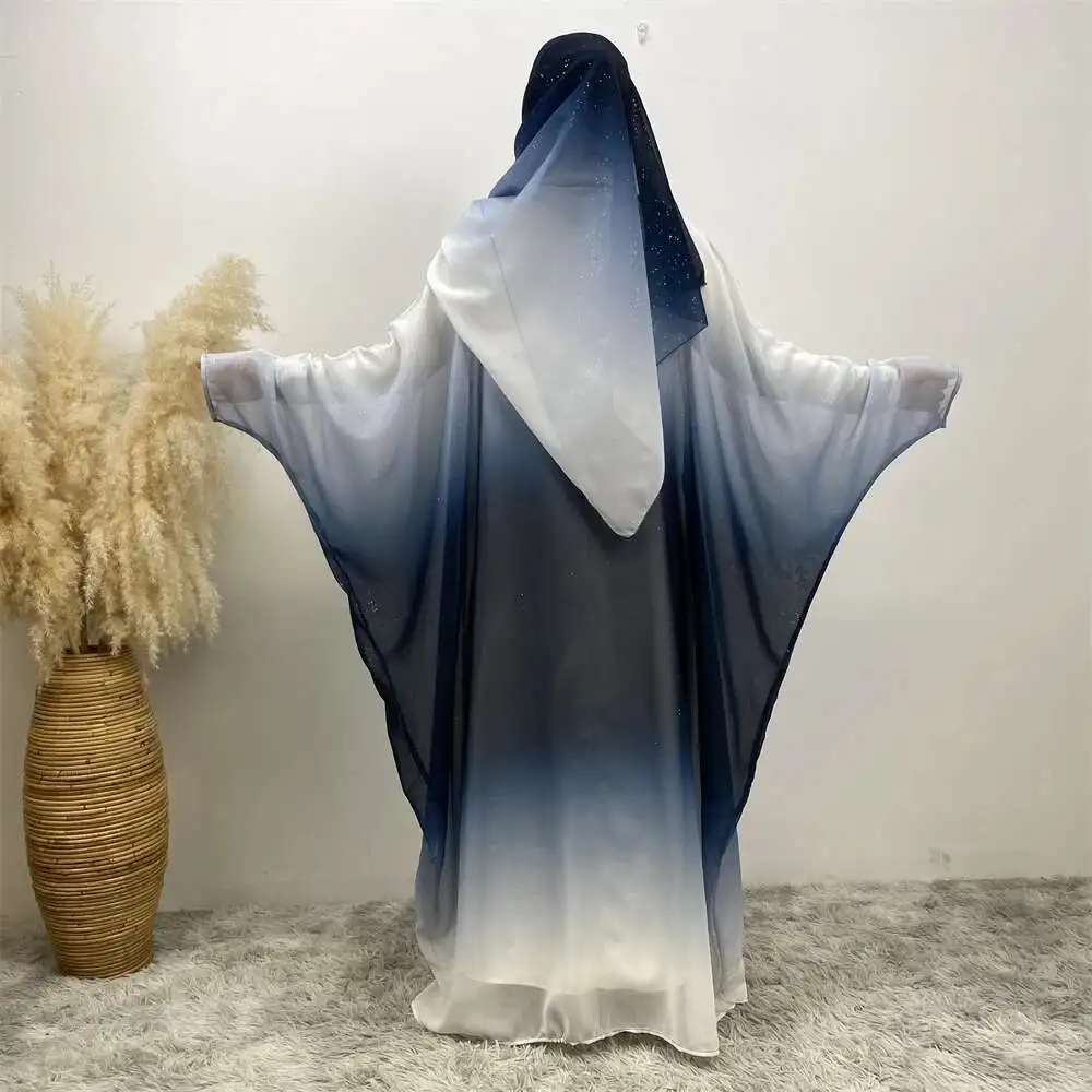 Cardigan en mousseline de soie musulman à la mode, ensemble bandeau manchette chauve-souris dégradé Abaya 67501 Robe Abaya Ramadan dubaï luxe Islam élégant