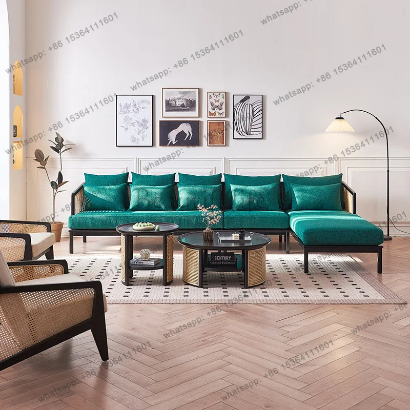 

Nordic rattan solid wood sofa L-shaped concubine sofa ash wood concubine three people