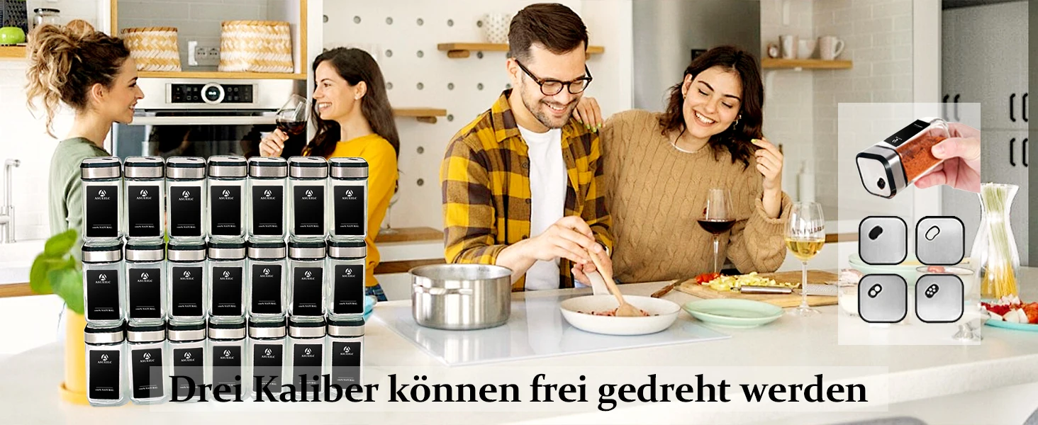 35 Stück Gewürzgläser mit 360 ° Drehbare Deckel, 120 ml Glasbehälter, 3 einstellbare Einstellungen, Speisekammer-Organizer für Kräuter, Gewürze – Detail 1