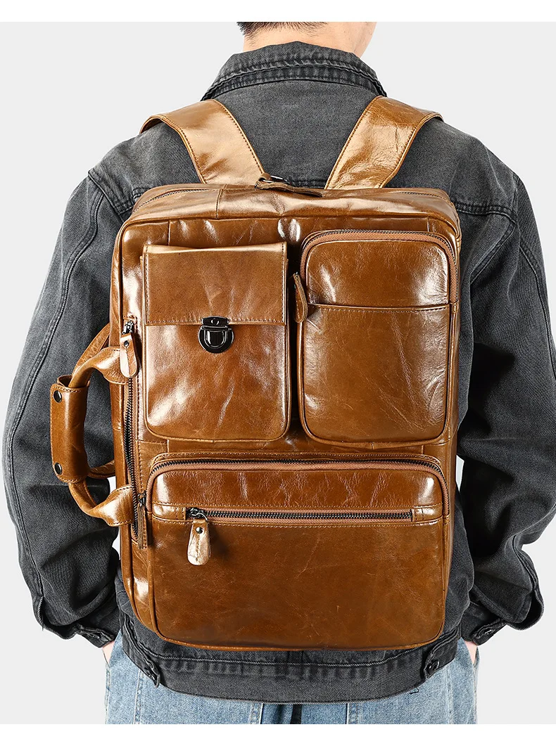 New leather multifunctional backpack, men's large capacity retro diagonal shoulder bag, hand-held briefcase.