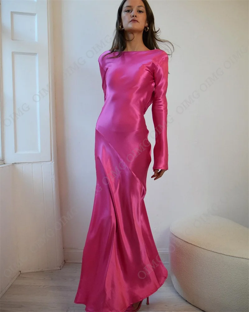 OIMG Elegant Navy Blue/Hot Pink Evening Dresses Long Sleeves Formal Event Gowns Satin Custom Sexy Prom Party Dress Backless