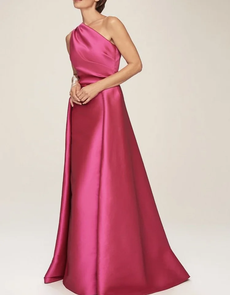 Satin One-Shoulder Evening Dresses Elegant A-line Sleeveless Court Train Plain Simple Special Occasion Dress Wedding Guest Gown