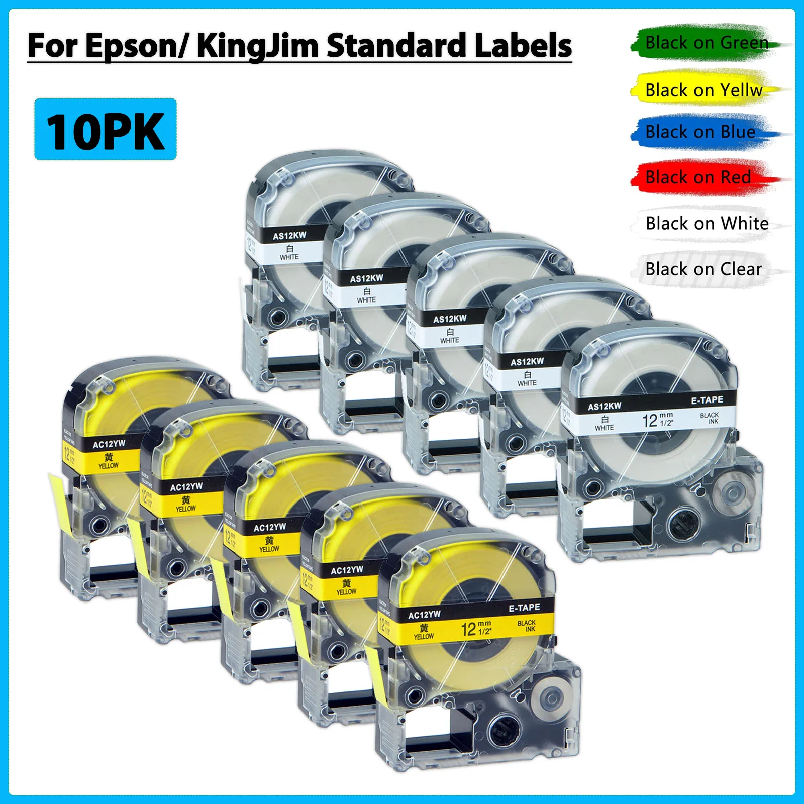 

3-10PK 12mm Standard Label Tapes Compatible for Epson/ KingJim AS12KW LC-4WBN Multi-color Ribbon For SR230C LW-500 Label Printer