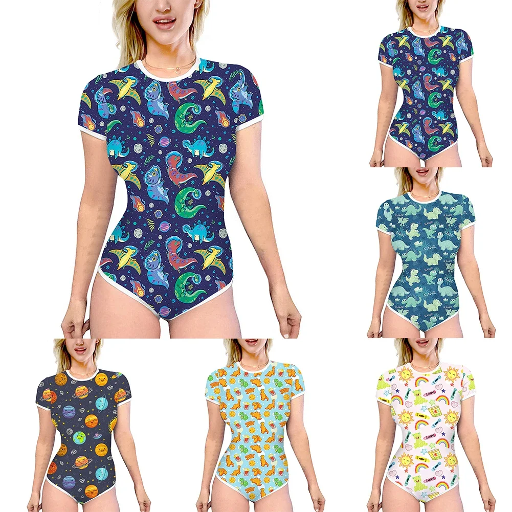 

Women Slim Romper Cartoon Print Short Sleeve Round Neck Playsuit Home Sleepwear Sexy Bodysuit Comfortable