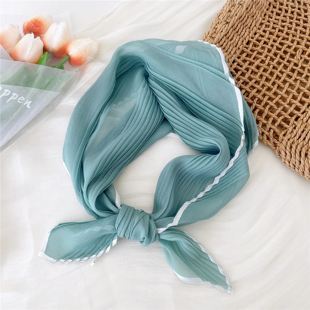 Silk Scarf Women Luxury Ladies Small Head Scarf Headwraps Wholesale Scarves Pleated Chiffon Hijabs Satin Female Summer Bandanas