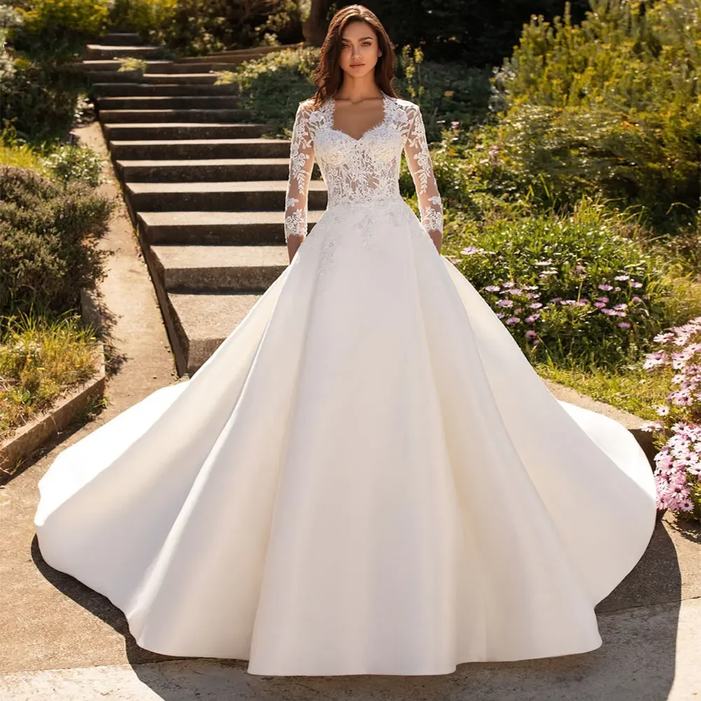 

Flavinke Customized Elegant Sleeve Of Square Collar A Line Wedding Dresses 2025 With Gorgeous Stain Skirt vestido de noiva