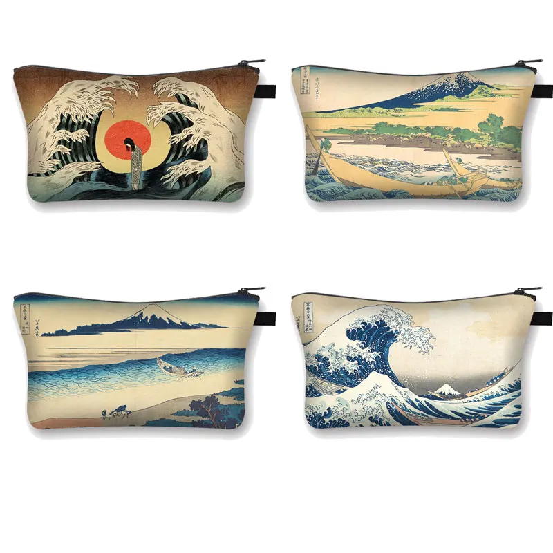 

Art Cosmetic Bag Women Fashion Makeup Bag Sea Wave / Sailboat / Volcano Lady Cosmetic Case For Travel Storage Bag