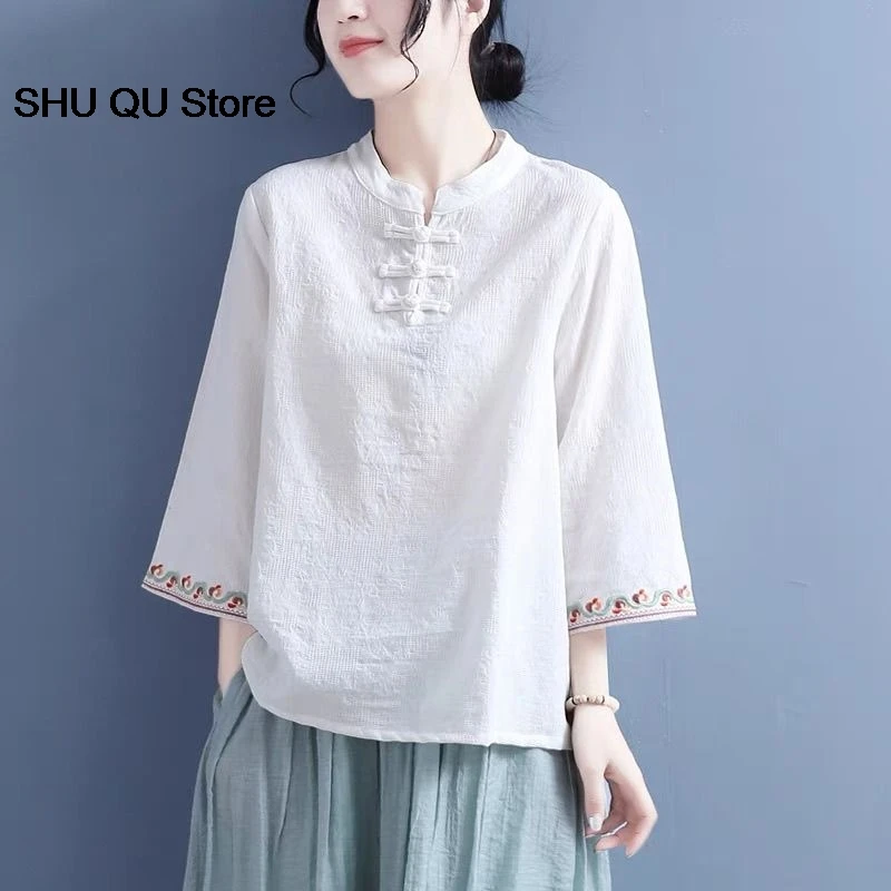 Koszulka damska w stylu chińskim, luźny top z nadrukiem na wiosnę i lato, orientalne ubrania damskie, chińskie bluzki dla kobiet, retro koszula z bawełny i lnu.