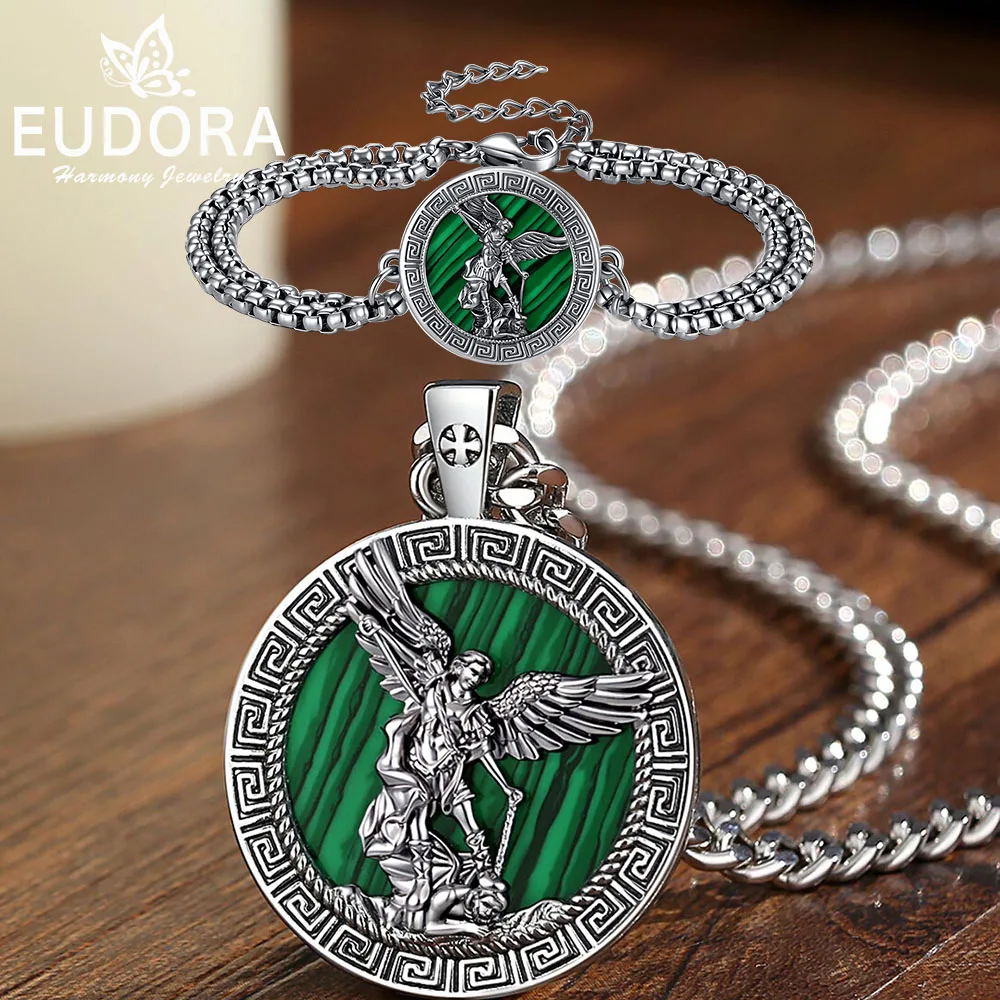 Eudora Copper Malachite St. Michael Necklace Bracelet Jewelry Set Archangel Amulet Pendant Religious Jewelry Gift for Men Woman