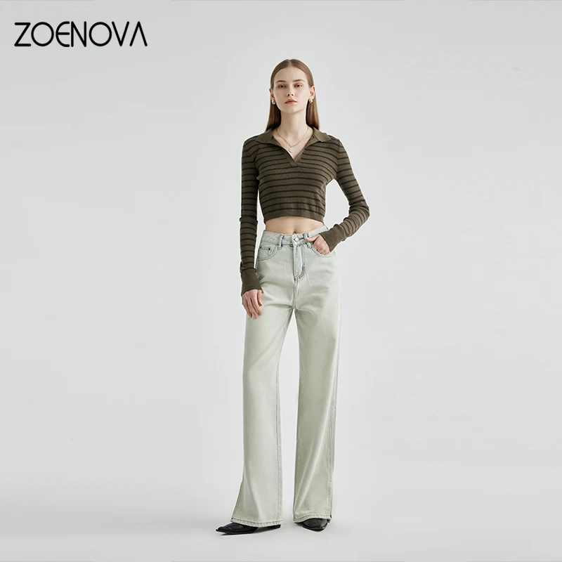 ZOENOVA Spring New Casual Women's Wide Leg Pants Street Fashion Loose Straight Denim Trousers Lady Retro Slit Full Length Jeans