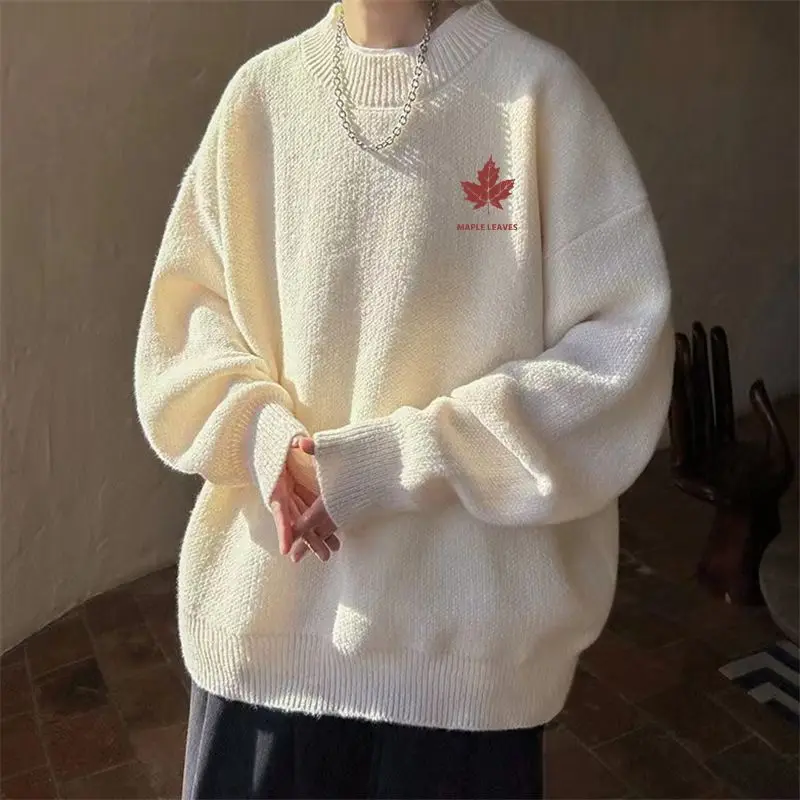 Sweater Men's Winter Loose Men's Trendy New Sweater Printed Maple Leaf Thickened Pullover