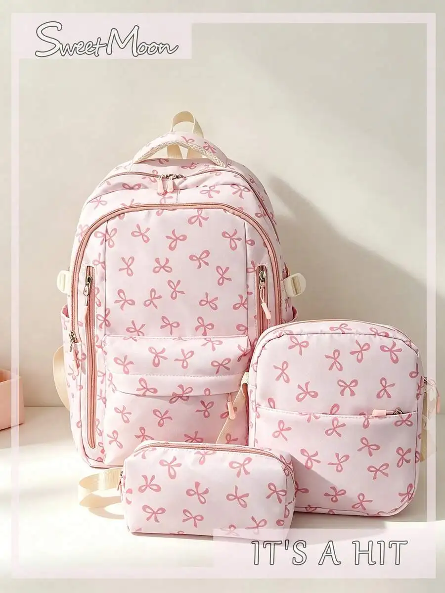 3pcs Pink Nylon Casual College Style Bow Multi-Layer Multi-Pocket Comfortable Adjustable Shoulder Strap Zipper Closure Large Cap