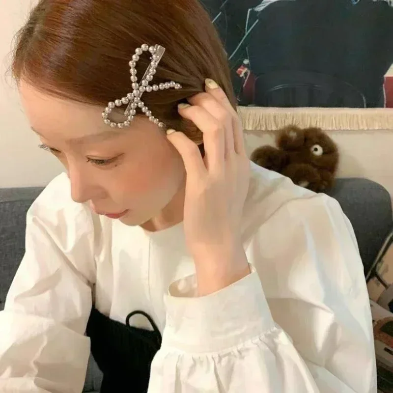 New Korean Fashion Women Pearl Hair Clips Pins Cute Girls Pearl Hairclip Bows Hairpin Metal Hair Clips Y2k Girl Hair Accessories