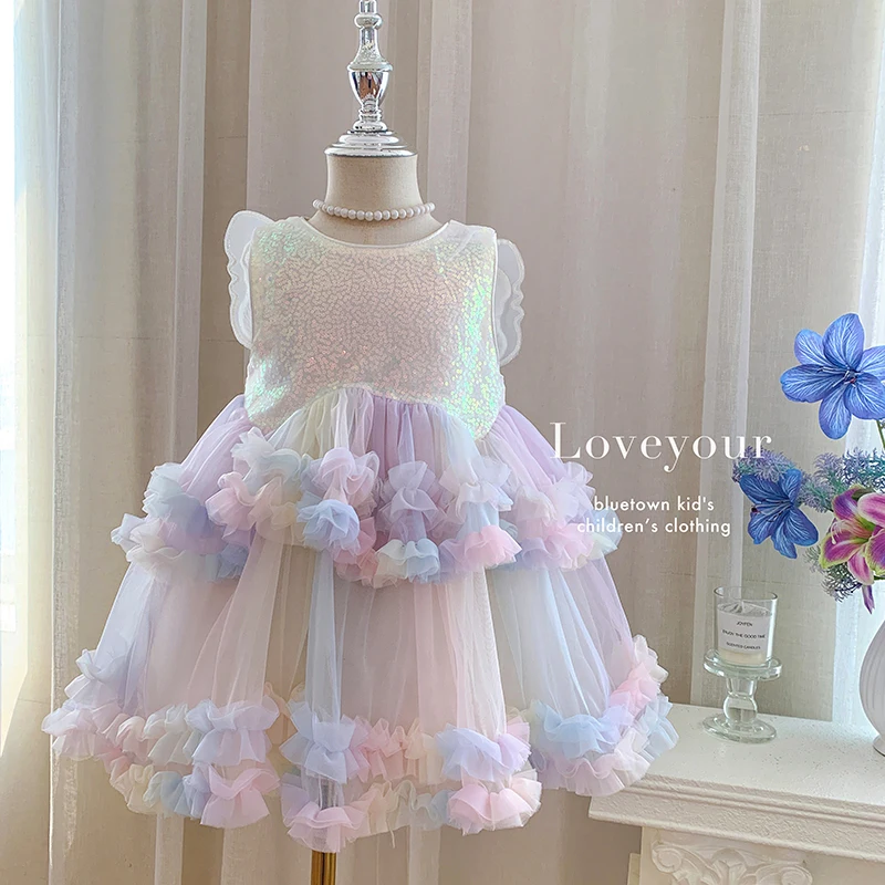 New Kids' Butterfly Tulle Princess Dress Baby Birthday Party Ball Gown With Fairy Wings Girls Ombre Ruffle Sleeveless Vest Dress