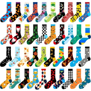 Chaussettes Happy Harajuku en coton peigné pour hommes et femmes, chaussettes à rayures colorées, chaussettes géométriques à carreaux et diamants, cadeau d'équipage, haute qualité