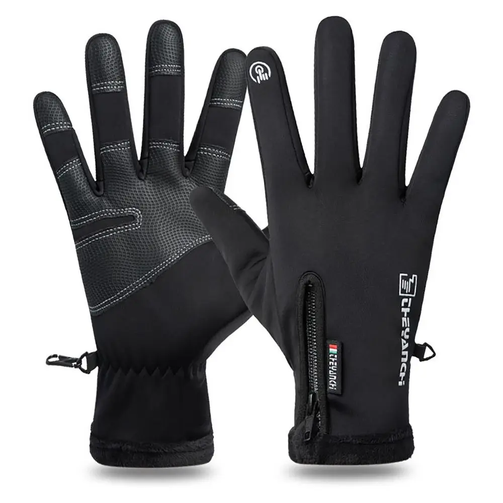 Warm M-XXL Winter Gloves Non-Slip Waterproof Windproof Cycling Gloves Zipper Sensitive Touch Fleecing Mittens For Winter Outdoor