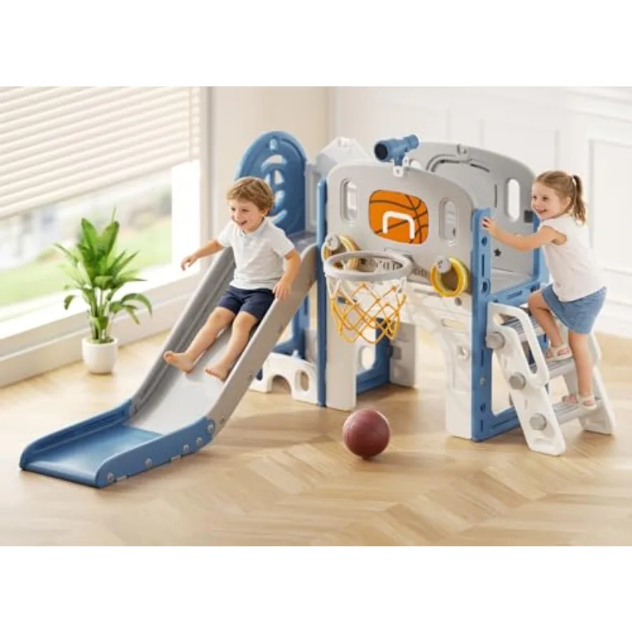 

Игровой комплекс 8 в 1 для малышей от 1 до 3 лет: горка, скалодром, баскетбольное кольцо. Для дома и улицы. Сине-серый пластиковый игровой набор.