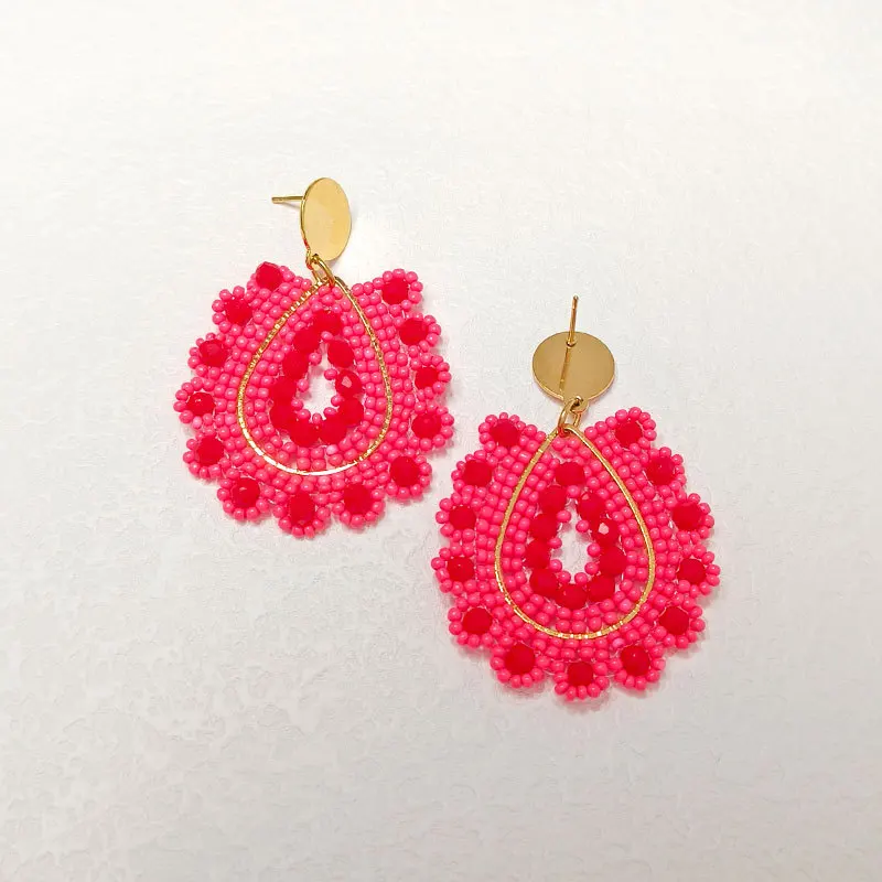 Beaded earrings Water drop Originality Crystal Flowers Red. Hand knitting Bohemia Alloy Fashion Simple Rice bead earrings