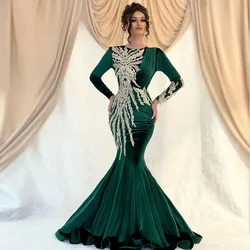 Velvet Evening Dresses Beading Appliques Long Sleeve O-Neck Sweep Train Green Mermaid Prom Dress For Women Robes De Soirée