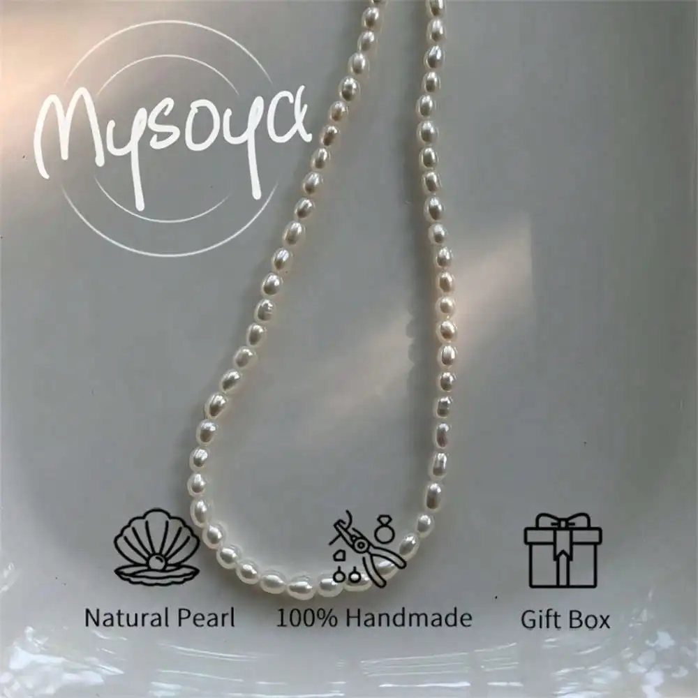 

MYSOYA Freshwater Rice-shaped Pearl Necklace 3-4mm Pearls Gift Box Gift for Her Wedding Christmas Birthday New Year Gift