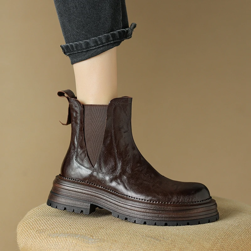 Nuevas botas cortas Chelsea de piel de oveja auténtica para otoño e invierno con punta redonda y tacón medio retro y pantorrilla con suela gruesa