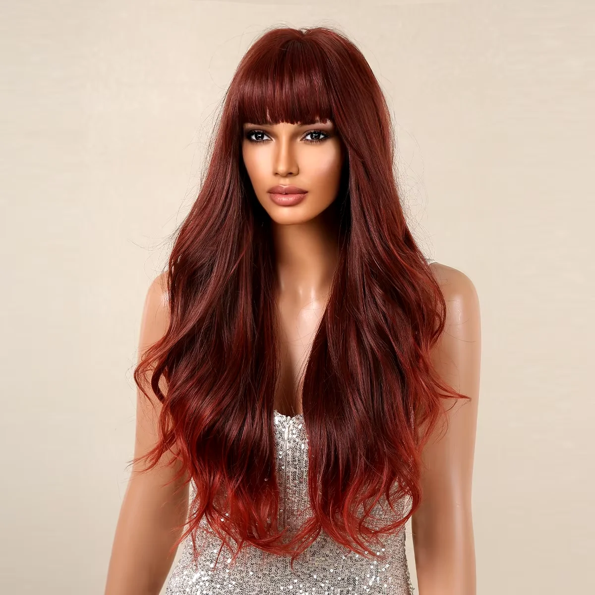 Long Burgundy Wavy Synthetic Wigs for Women Ombre Red Wig with Bangs Daily Party Fake Hair Natural Soft Fiber Wig Heat Resistant