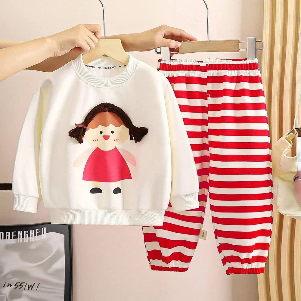 

Baby Girls Cartoon Sweatshirts Tops+Striped Pants 2Pcs Spring Autumn Casual Loose Children Clothes Sets Kids Hoodies Outfit Suit