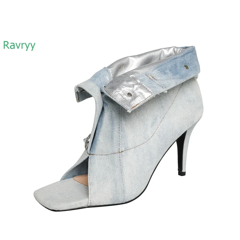 2025 جديد الدنيم ساحة تو النساء حذاء من الجلد برشام مشبك المفتوحة تو كعب رقيقة أحذية بوت قصيرة موضة رواية الصيف الصنادل الأحذية #3