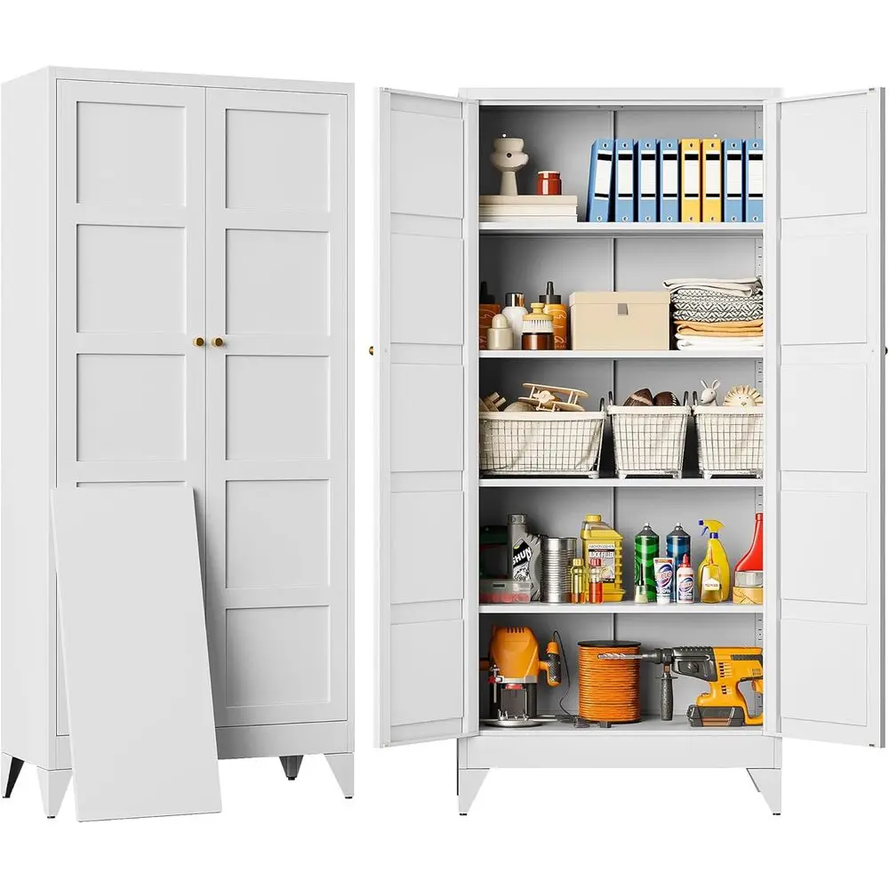 

72 Inch Tall Wide & Deep Metal Storage Cabinet with 2 Doors and 5 Shelves - Large White Pantry Cupboard for Home, Kitchen, Bathr