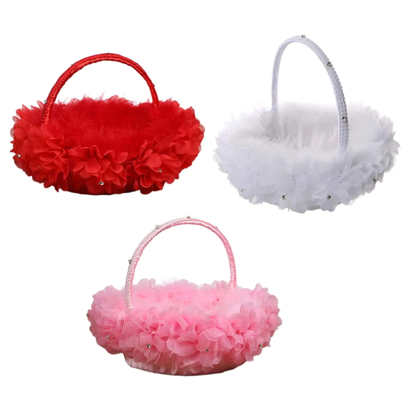 Flower Girl Basket Lace Engagement with Handle Feather Decor Satin Flower Basket for Anniversary Backyard Cafe Home Restaurant